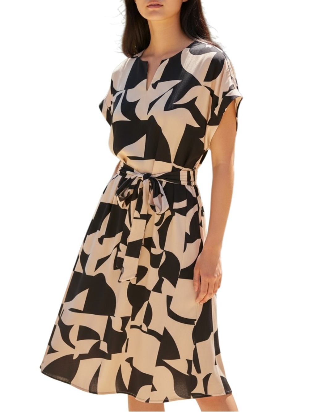 SHEIN Beige and Black Abstract Tie-Waist Midi Dress